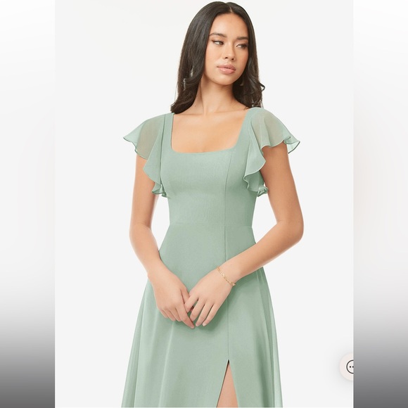 Light Green/Agave A-Line Ruffled Chiffon Floor Length Azazie Bondi Dress - Picture 3 of 8